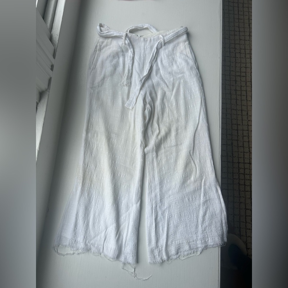 Chic Linen White Textured Pants with Tie Waist